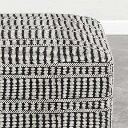 SIMPLIHOME Safford Square Pouf - 20 inch Wide Upholstered PET Polyester Ottoman in Cream White and Deep Black, Boho Indoor/Outdoor Footstool or Extra Seating for Living Room or Patio, Assembled