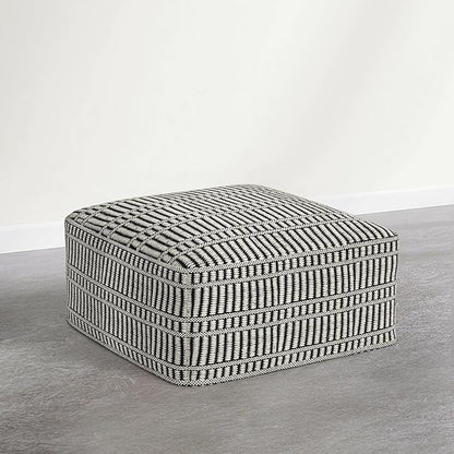 SIMPLIHOME Safford Square Pouf - 20 inch Wide Upholstered PET Polyester Ottoman in Cream White and Deep Black, Boho Indoor/Outdoor Footstool or Extra Seating for Living Room or Patio, Assembled