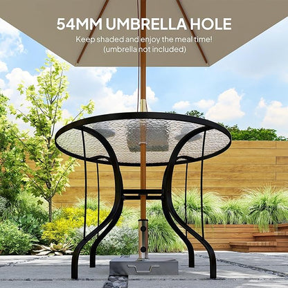 Outsunny 38" Round Patio Table with Umbrella Hole, Outdoor Dining Table Tempered Glass Metal Frame Bistro Table, for Deck, Yard, Balcony, Lawn, Pool, Black