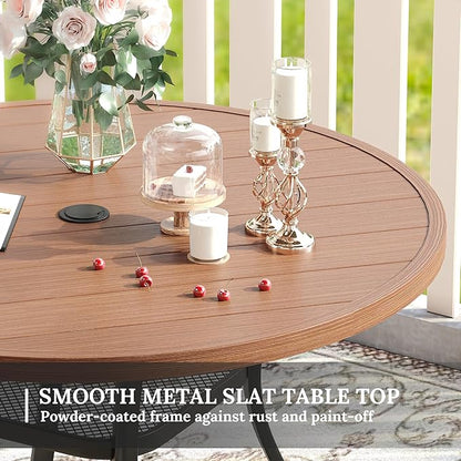 VICLLAX 47.2" Round Patio Table for 6, All Weather Metal Outdoor Dining Table with Adjustable Umbrella Hole, Walnut Wood-Like Tabletop