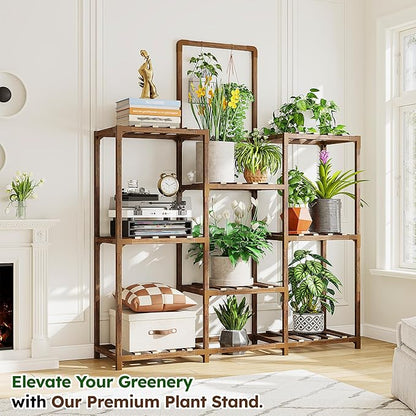 EnHomee Plant Stand Indoor Large Plant Stand Outdoor 5 Tiers Wood Tiered Plants Shelf for Multiple Plants with 10-15 Potted for Living Room Patio Balcony Yard Garden 34.3" W x 11.8" D x 47.2" H