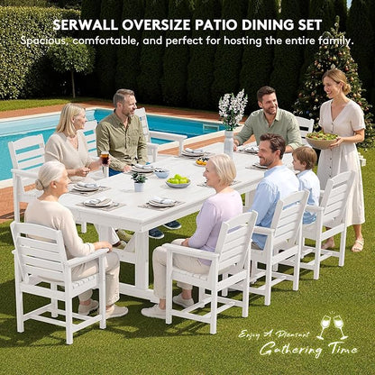 SERWALL 9 Piece Outdoor Dining Set, 84" HDPE Outdoor Table and Chairs for 8，All Weather Patio Furniture Set with Umbrella Hole for Backyard, Garden, White