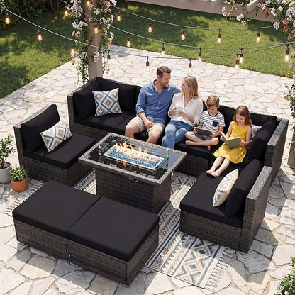 NICESOUL Large Size 9 Piece Patio Conversation Set with Fire Pit Table Propane/Gas, 29.3'' High Back Outdoor Furniture Sectional Set, Heavyweight Rattan Contemporary Sofa, 2 Color Cushion Black &Gray