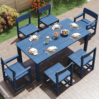 7 Piece Outdoor Dining Table Set HIPS Patio Dining Sets with Umbrella Hole Outdoor Furniture for 6 All Weather Patio Furniture Set for Outside Deck Backyard Poolside Garden, Deep Blue