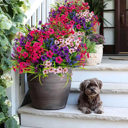 Artificial Flowers for Outdoors Fake Plants - 16 Bundles Faux Outside Greenery Boxwood No Fade Plastic Shrubs Fall Decor Farmhouse Home Garden Thanksgiving Mums (Mix White Purple Pink)
