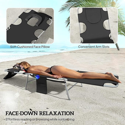 Outsunny Chaise Lounge Chair Outdoor Set of 2 with Face Arm Hole, 5-Position Reclining Face Down Tanning Chair with Carry Strap, Side Pocket, Portable Folding Bed Cot for Patio Beach Pool, Black