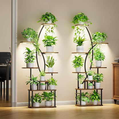 Plant Stand Indoor with Grow Lights - 8 Tiered Tall Plant Shelf, 65" Metal Corner Shelf for Indoor Plants Multiple, Large Curved Half-Moon Flower Holder Stand Display Rack for Patio, Home, 2 Pack