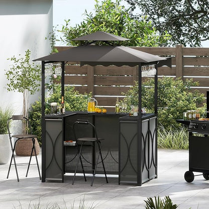 Tangkula 3 Piece Patio Bar Set, Grill Gazebo & 2 Foldable Bar Stools with Awning, Metal Storage Shelves, Glass Holders, Double-Tier Outdoor Shelter for Patio Poolside Garden Backyard (Gray)