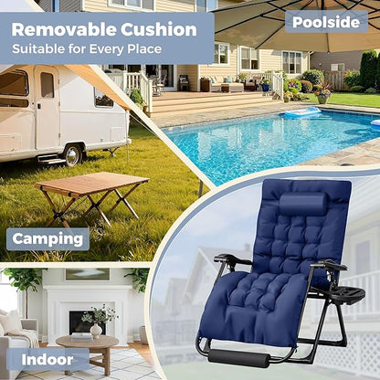 Homall Oversized Zero Gravity Chair, 32In Recliner Lounge Chair with Removable Soft Cushion and Cup Holder, Adjustable Anti Gravity Chair Folding Patio Chairs Padded for Indoor and Outdoor, Blue