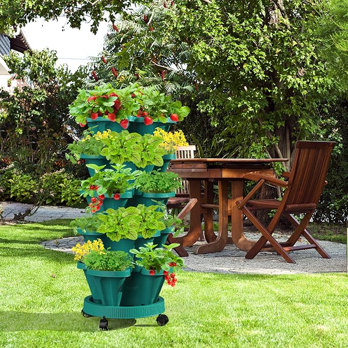 Strawberry Vertical Planters Tower Garden 3 Pack, 7 Tiered Stacking Herb Vegetable Planter with Support Pole Indoor and Outdoor - Hunter Green