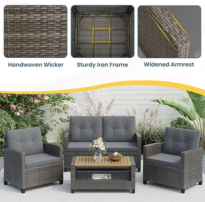 Wisteria Lane 4 Piece Patio Furniture Set, Wicker Outdoor Patio Conversation Furniture Set, All Weather Outdoor Patio Sofa with Cushion and Wood Table, Grey Wood