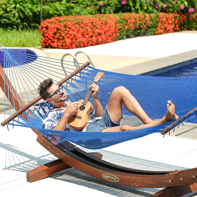 Lazy Daze Hammocks 10.5 FT Double 2 Person Caribbean Rope Hammock, Hand Woven Polyester Hammock with Spreader Bars, for Outside Outdoor Backyard Patio Poolside, 450 LBS Capacity, Blue