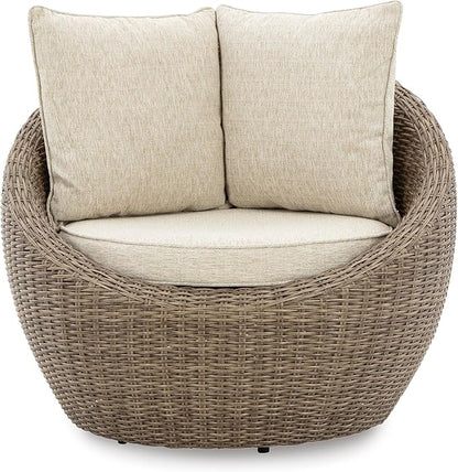 Signature Design by Ashley Danson Outdoor Lounge Chair with Cushion and 360-Degree Swivel, Set of 2, UV-Resistant Performance Fabric and Resin Wicker, Light Brown