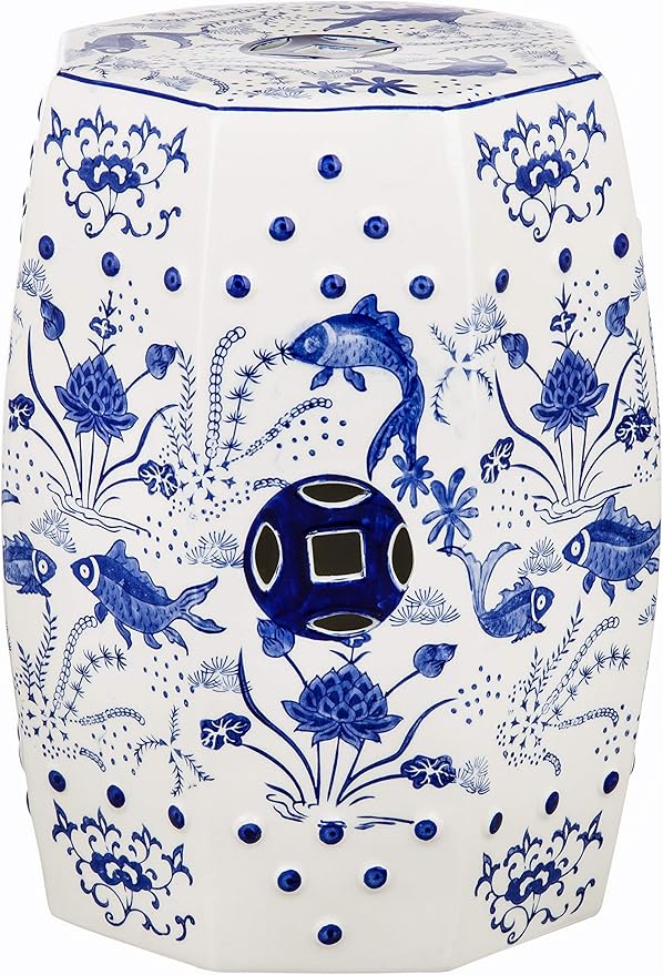 Decorative Garden Stool with Blue Ceramic Seat and Stone Frame