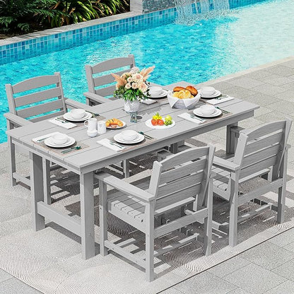 SERWALL Patio Dining Table Sets 5-Piece, Outdoor HDPE Dining Furniture Set with Umbrella Hole Cut-Out Table and 4 Chairs, All Weather Dining Set for Lawn, Garden, Backyard, Poolside, Light Gray