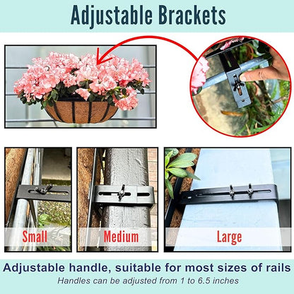 LaLaGreen Deck Railing Planter Boxes (16 Inch, 2 Pack) Black Metal Rectangular Hanging Planters with Coco Liner, Adjustable Flower Planter Box Brackets for Plants Fence Balcony Patio Porch Over Rail