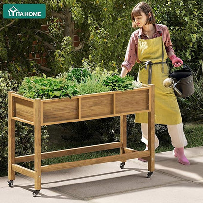 YITAHOME Raised Garden Bed HDPE, 47x18x31In Poly-Wood Weather-Resistant Raised Flower Bed, Elevated Planter Box with Lockable Wheels for Vegetables, Brown