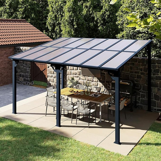 Aoxun 14'x 10' Premium Gazebo with Aluminum Top Frame & Polycarbonate Panel, Wall Mounted Gazebos Pergola, Outdoor Patio Lean to Gazebo, Awnings with Sloped Roof, for Backyard, Porch, Deck