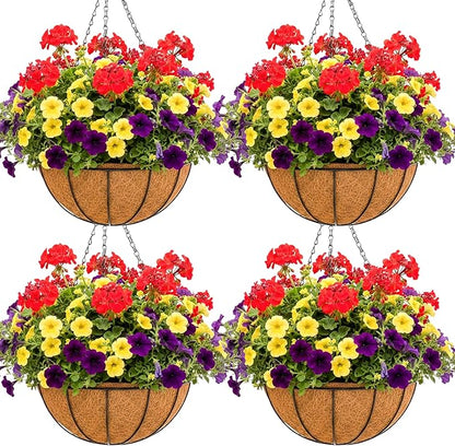 14 inch Metal Hanging Baskets For Plants Outdoor 4 Pack Round Metal Wire Hanging Basket Planter with Coco Fiber Liners Chain Round Wire Plant Holder for Garden, Patio, Deck, Porch Plants Flower Potss