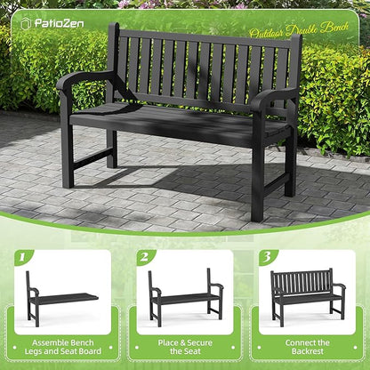 Outdoor Bench, Waterproof & Weatherproof Garden Bench with Ergonomic Design, 2-Person Resin Bench for Porch, Deck, Patio, Outdoor, Garden & Park(Black)