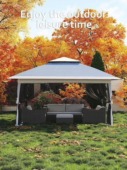 13 X 13FT Pop Up Gazebo, Canopy Tent, Gazebos on Clearance,Patio Folding Canopy with Mosquito Netting - Backyard Tent for Party, Wedding, Outdoor Dining, Patio, Backyard(Navy Blue+Hemp Grey)