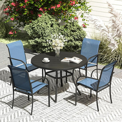 VICLLAX 5 Pieces Patio Dining Set, Outdoor Furniture Set Includes 41.2" Round Patio Table and 4 Patio Sling Chairs, Black Tabletop and Blue Fabric