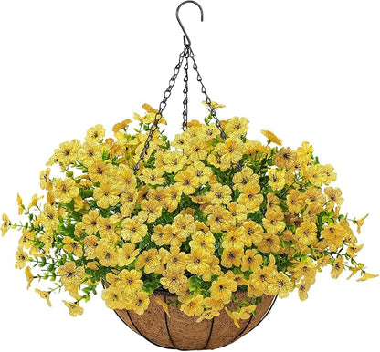 Artificial Faux Hanging Mums Plants Flowers Basket for Outdoors Summer Autumn Decoration,Hanging Planters with Fake Silk Daisy UV Resistant Realistic for Outside Porch Patio Balcony Garden Home Yellow