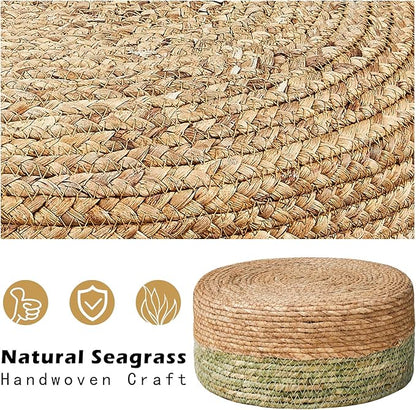 Cpintltr Ottoman Natural Seagrass Footrest Poufs Hand Weave Round Foot Stool for Couch Desk Soft Step Stool Padded Foot Rest with Pine Legs for Living Room Bedroom Natural/Green
