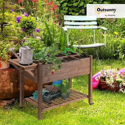 Outsunny Raised Garden Bed with 8 Grow Grids, Wooden Outdoor Plant Box Stand with Folding Side Table and Wheels, 49" x 21" x 34", for Vegetables, Flowers, Herbs, Brown