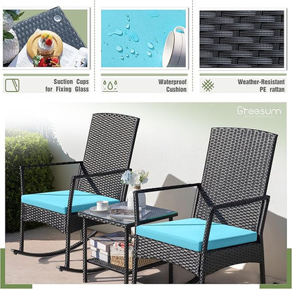 Conversation Set, 3-Piece Wicker Rocking Chairs with Coffee Table, Blue