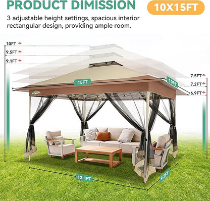 COBIZI 10x15 FT Pop up Gazebo on Clearance - Outdoor pop up Canopy Tent,carpas para Patio, Shelter - Screen Tents with Portable Carry Bag, Patio Gazebos for Camping,Garden,Deck,Backyard,Khaki