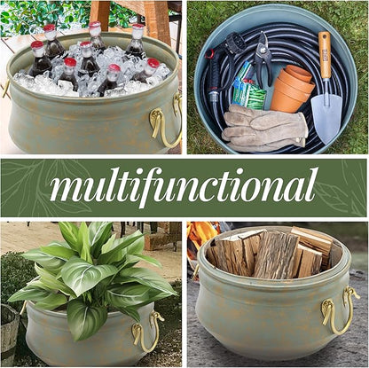 Sedona Hose Pot with Lid, Brass Accents, holds up to 100-Feet of Hose By Good Directions