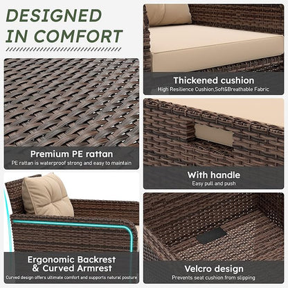 LHBcraft Outdoor Furniture 5 Piece Patio Conversation Set, PE Rattan Patio Set with Soft Cushions & Coffee Table, Outside Furniture with Hidden Ottoman for Porch, Lawn, Garden, Balcony, Brown