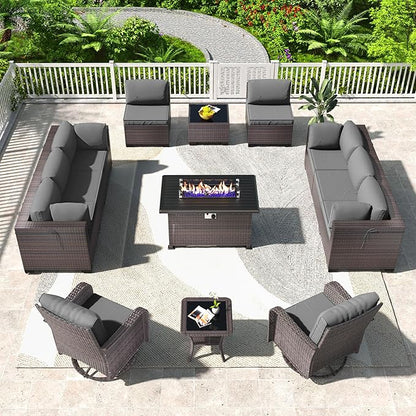 Kullavik 13 Pieces Outdoor Patio Furniture Set,PE Wicker Rattan Sectional Sofa Patio Conversation Sets with 43" 55000BTU Gas Propane Fire Pit Table,Swivel Rocking Chairs Set,Grey