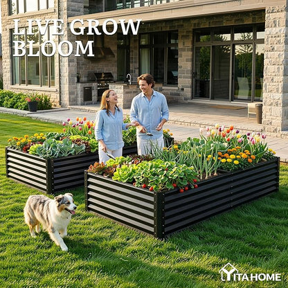 YITAHOME 2pcs 8x4x1.5 ft Galvanized Raised Garden Bed Kit, Large Metal Planter Box with Gloves, Safety Rubber & Support Rod, Outdoor Flower Bed for Plants Vegetables, Black