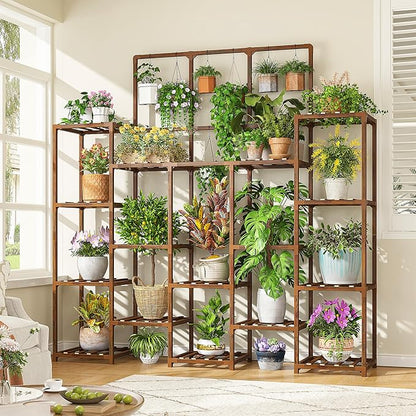 EnHomee 63''H Plant Stand Indoor Tall Plant Stands Outdoor with 7 Tiers and 14 Potted Upgrade Wood Plants Shelves Stand for Living Room Patio Balcony Yard Garden, 11.8''D×56''W×63''H