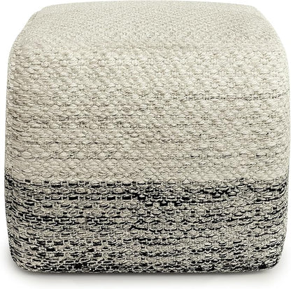 SIMPLIHOME Macie Square Pouf - 18 inch Wide Handcrafted PET Polyester Ottoman in Grey and White, Boho Indoor/Outdoor Footstool or Extra Seating for Living Room with Polystyrene Bead Filling, Assembled