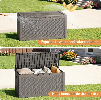 Storage Bench Resin Deck Box, 100 Gallon Lockable, Light Coffee
