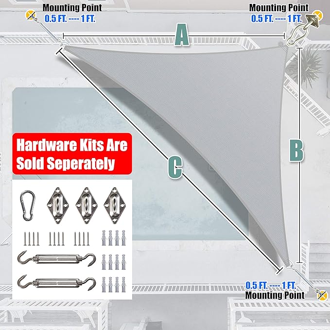 Amgo Custom Size 13' x 20' x 23.9' Gray Right Triangle Sun Shade Sail UPF50+ AGTAPRT12, Order to Make Canopy Awning, 95% UV Blockage, Water & Air Permeable, Commercial Standard (We Customize)