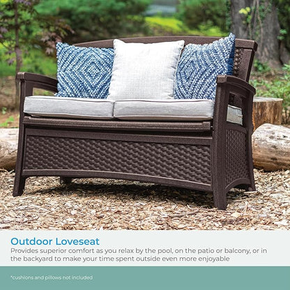 Suncast Outdoor Wicker Love Seat with 23-Gallon Storage, Comfortable Seating for Two, Ergonomic Back Support, All-Weather Furniture for Patio, Deck, and Garden, Java, Made in the USA