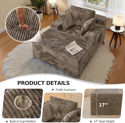 CHORRO67 Chaise Lounge Chair Indoor,Oversized Boneless Single Sleeeper Couch Bed,Corduroy Cloud Sofa with 3 Soft Pillows for Livingroom,Bedroom,No Assembly,(Khaki)