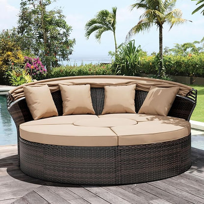 Crownland Outdoor Daybed with Retractable Canopy, Patio Round Daybed with Washable Cushions, Clamshell Sectional Seating, Wicker Furniture for Backyard, Patio, Garden, Pool (Light Brown)