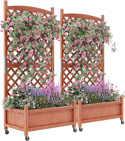 GarveeLife 2-Pack Tall Wood Planter Box with Trellis, 61.5" H Raised Garden Bed on Wheels, Vertical Stand Planter with Drainage Holes for Patio, Balcony & Outdoor Garden