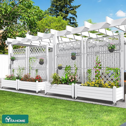 YITAHOME 3.6x1.5x5 FT Planter Box Trellis with Wheels, Large Outdoor Plastic Raised Garden Bed with Drain Plug for Climbing Plants, Grayish-White