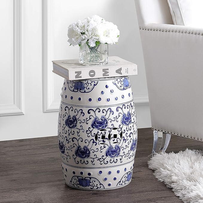 Decorative Garden Stool, Blue and White Ceramic Lotus Drum, 17.75 Inch