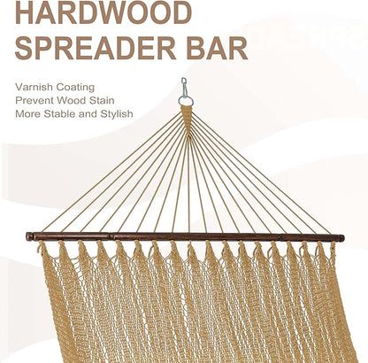 Lazy Daze Hammocks 10.5 FT Double 2 Person Caribbean Rope Hammock, Hand Woven Polyester Hammock with Spreader Bars, for Outside Outdoor Backyard Patio Poolside, 450 LBS Capacity, Tan