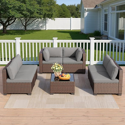 7 Pieces Outdoor Patio Furniture Set, PE Rattan Outdoor Wicker Sectional Furniture Sofa Set, with Cushions and Glass Coffee Table, for Balcony, Porch, Garden, Grey