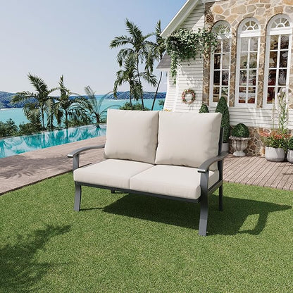 HOMREST Outdoor Loveseat Aluminum Patio Furniture Sofa, All-Weather Metal Outdoor Couch with Cushions, Beige