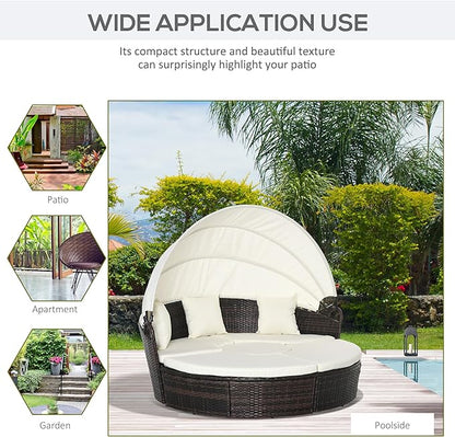 Outsunny 4-Piece Round Convertible Daybed with Cushions, Outdoor PE Rattan Patio Wicker Sofa Set, Sunbed with Adjustable Sun Canopy, Sectional Sofa, 2 Chairs, Table, 3 Pillows, Cream White