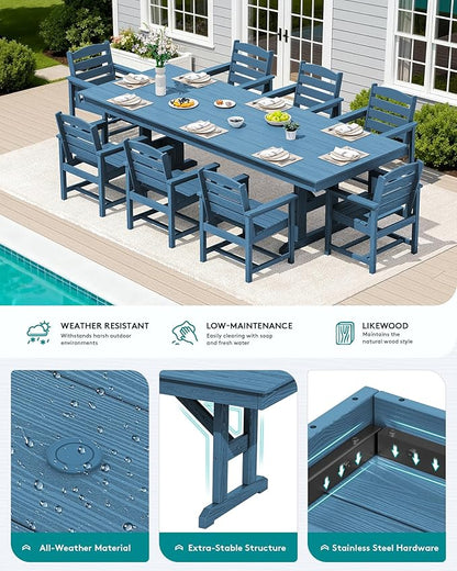 SERWALL 9 Piece Outdoor Dining Set, 84" HDPE Outdoor Table and Chairs for 8，All Weather Patio Furniture Set with Umbrella Hole for Backyard, Garden, Blue
